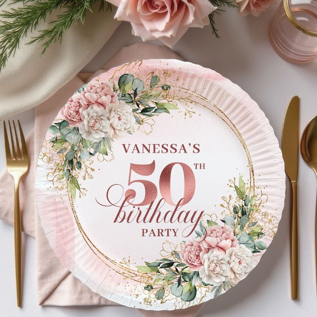 Prato De Papel Chic Rosa Dourado Blush Floral Verde 50º Aniversár (Chic Rose Gold Blush Floral Greenery 50th Birthday Paper Plates

)