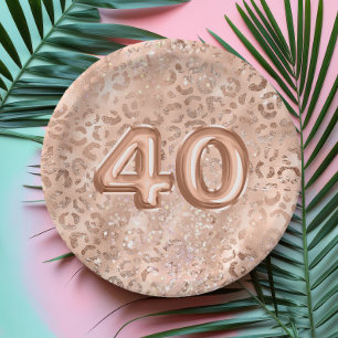 Prato De Papel Chic Rosa Dourado Estampa de Leopardo 40º Aniversá