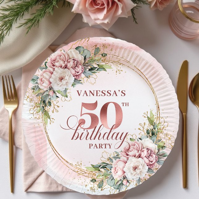 Prato De Papel Chic Rose Gold Peony 50th Birthday Party Plates (Chic Rose Gold Peony 50th Birthday Party Plates)