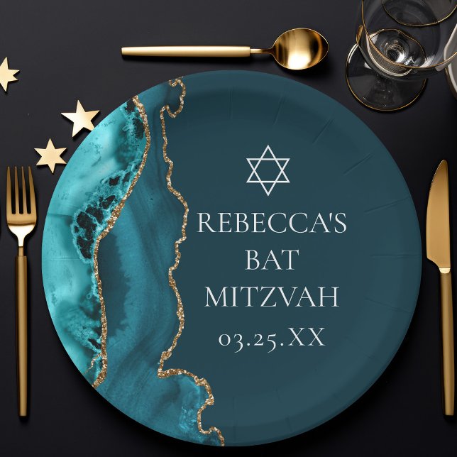 Prato De Papel Chic Teal Dourado Agate Bat Mitzvah (Criador carregado)