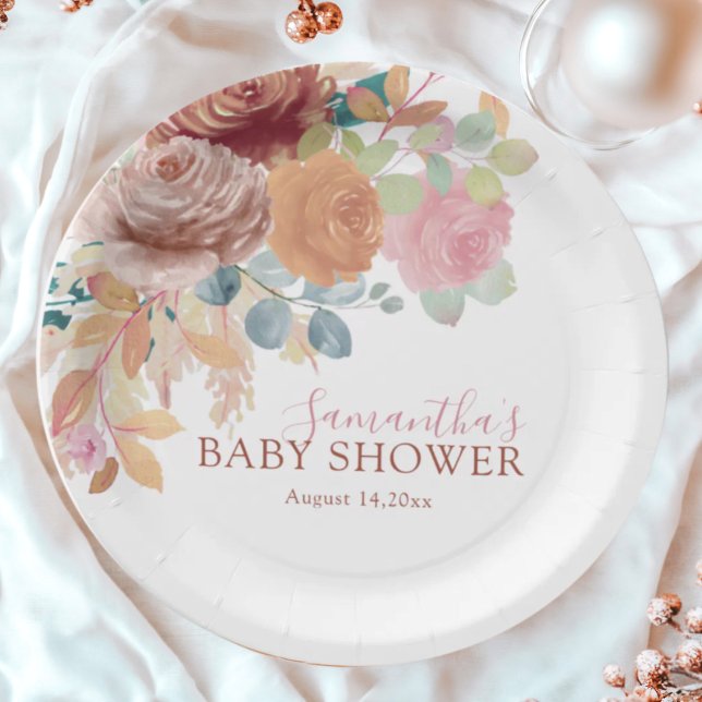 Prato De Papel Chic Terracotta & Blush Watercolor Baby Shower  (Criador carregado)