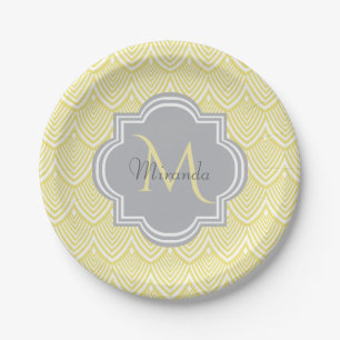 Prato De Papel Chic Yellow Art Deco Scallops Cinza Monograma Nome