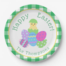 Prato De Papel Chick Colored Eggs Green Check Happy Easter Round