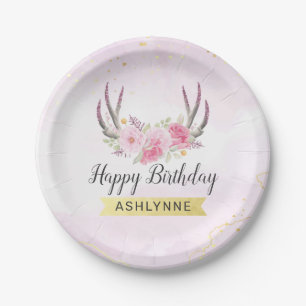 Prato De Papel Chifre Floral Bege Rosa e Dourado Aniversário de M