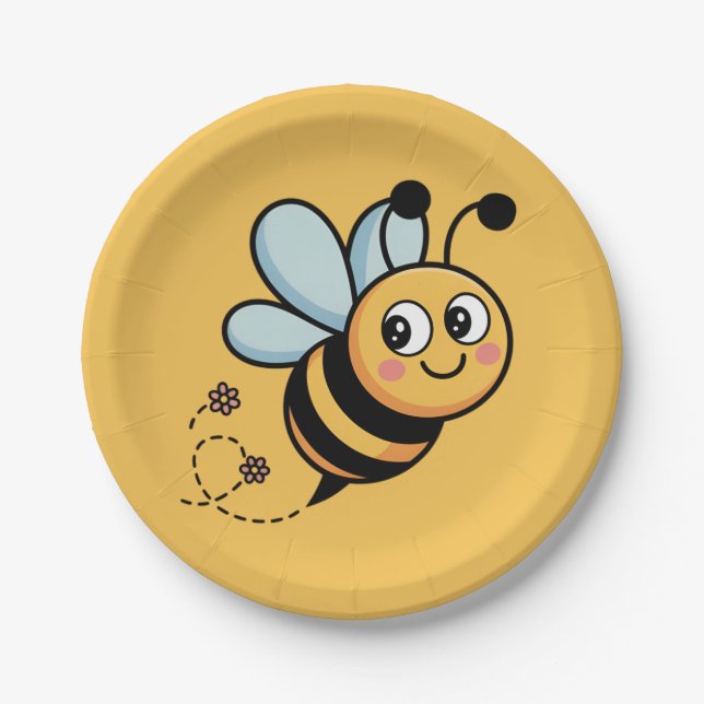 Prato De Papel Child-Friendly Bee Mascot with Dotted Trail (Frente)