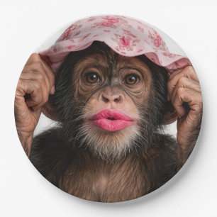 Prato De Papel Chimpanzé Usando Batom Rosa