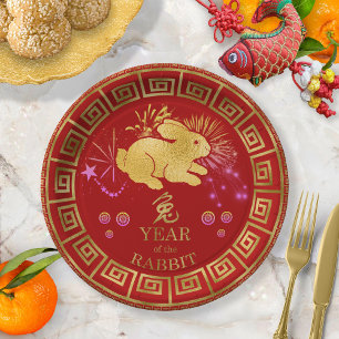 Prato De Papel Chinês Zodiac Rabbit Vermelho/Dourado ID542