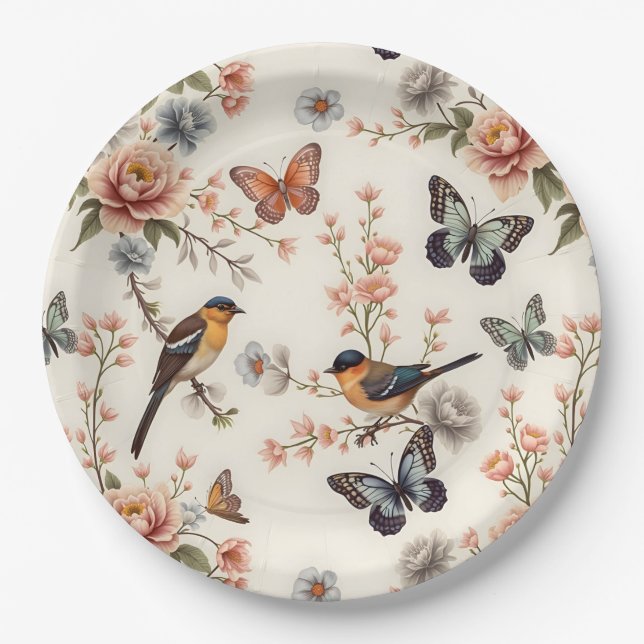 Prato De Papel Chinoiserie Bird e Butterfly Harmony (Frente)