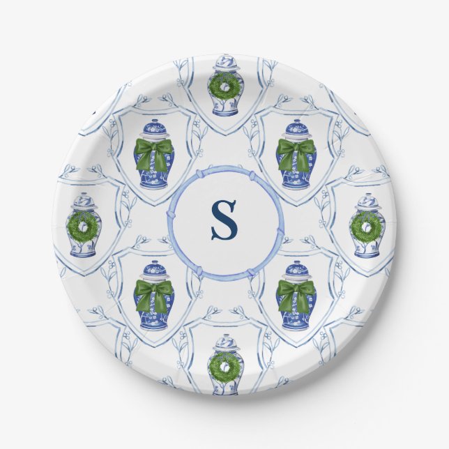 Prato De Papel Chinoiserie Ginger Jars Natal Monograma (Frente)