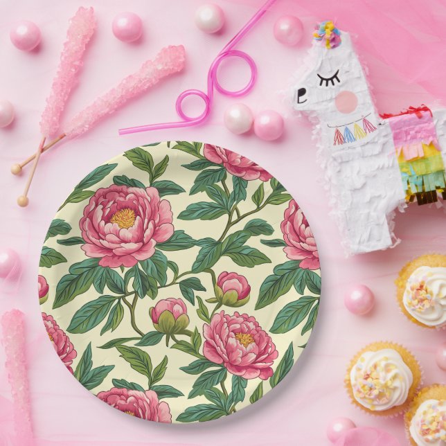Prato De Papel Chinoiserie rosa, verde e amarela Floral (Festa)