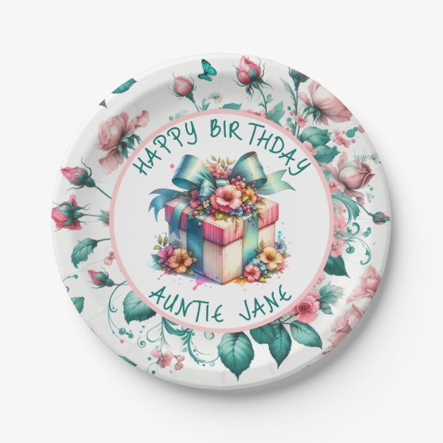 Prato De Papel Chique Cor-de-Água Rosa Floral Personalizado (Frente)