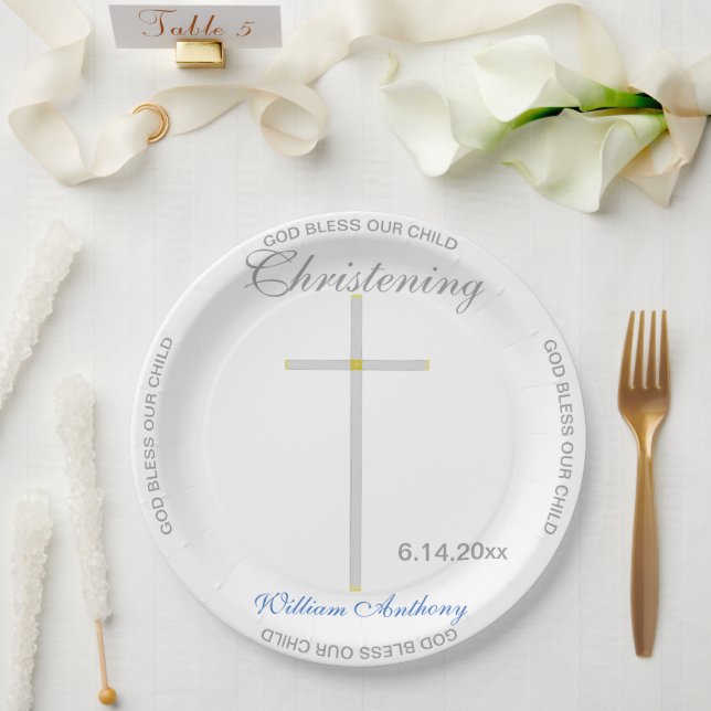 Prato De Papel Christening Blue Boy Name Silver Cross (Casamento)
