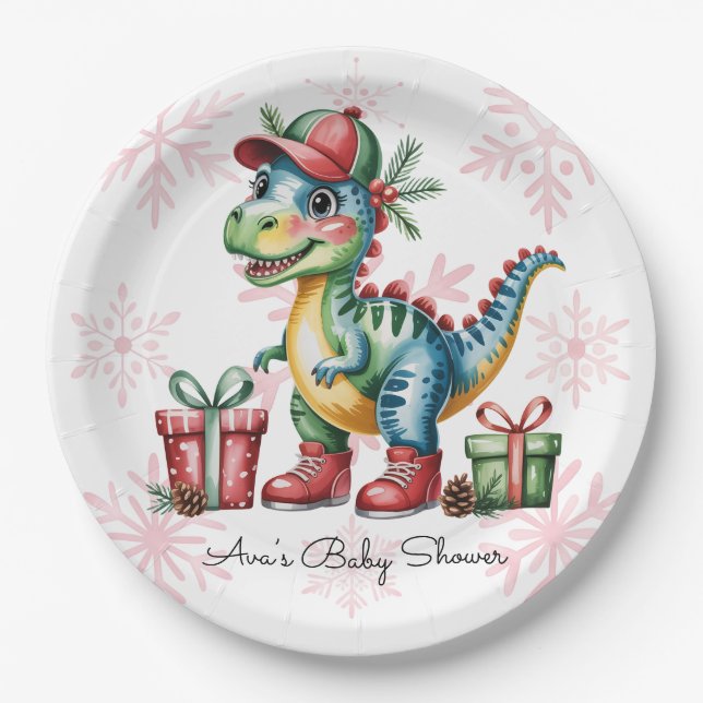 Prato De Papel Christmas Blue Dino and Presents Boy Baby Shower (Frente)