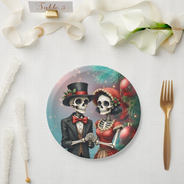 Prato De Papel Christmas Bone Romance, A festive skeleton couple. (Casamento)