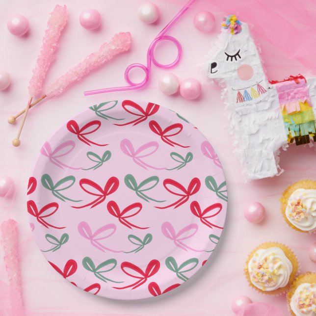 Prato De Papel Christmas bows green pink whimiscal hand drawn (Festa)