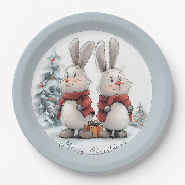 Prato De Papel Christmas Bunny and gift, personalized (Frente)