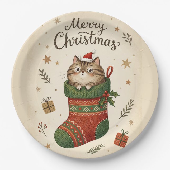Prato De Papel Christmas Cat in Stocking (Frente)