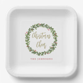 Prato De Papel Christmas Cheer Wreath Gold Script Personalized
