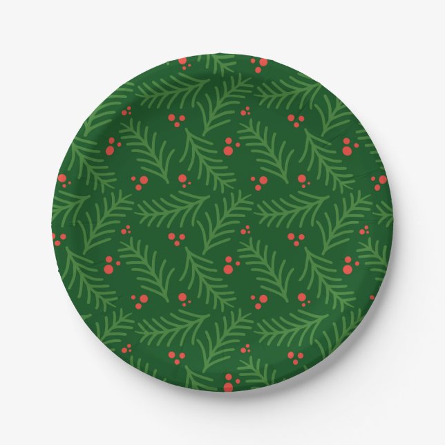 Prato De Papel Christmas Greenery Berries Red Green Festive Mod (Frente)