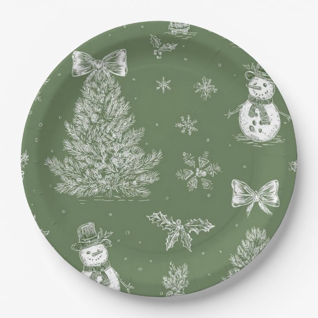 Prato De Papel Christmas paper plate green toile (Frente)