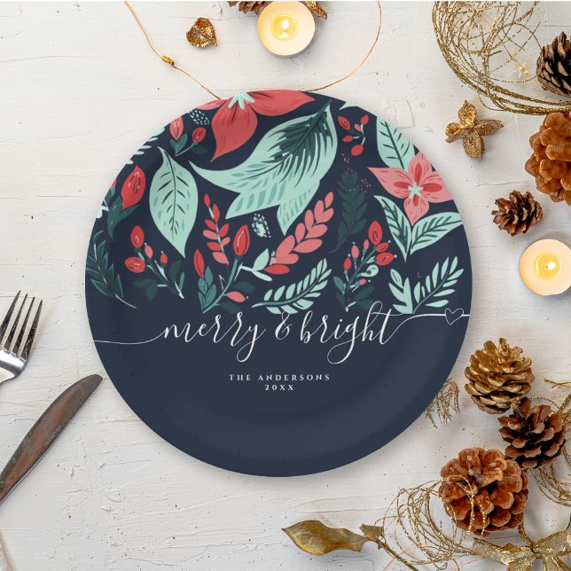 Prato De Papel Christmas Party Holiday Blue Botanical Floral  (Criador carregado)