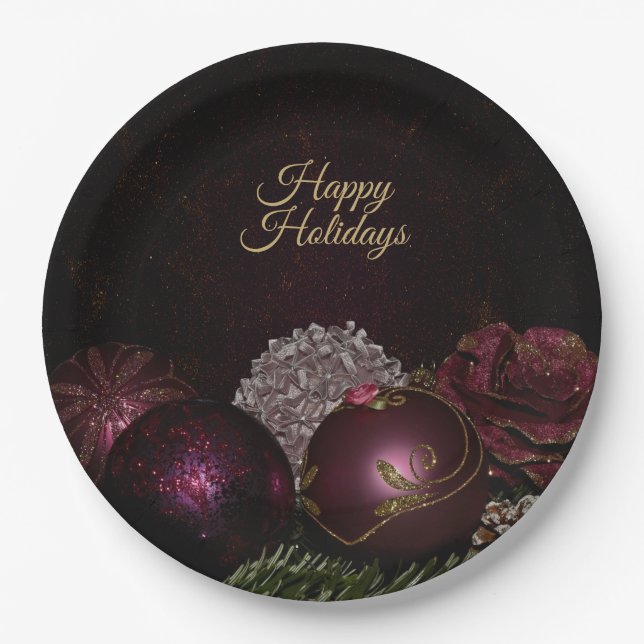 Prato De Papel Christmas Party Pink Ornament Green Leaves Black (Frente)