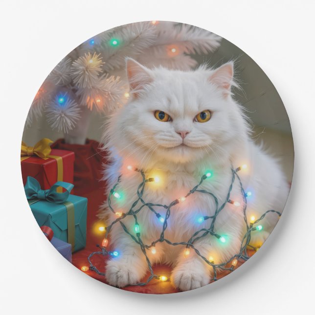 Prato De Papel Christmas Persian Cat Tangled in Holiday Lights (Frente)