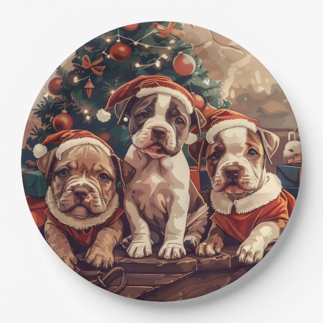Prato De Papel Christmas Pit Bull Puppy Dogs (Frente)