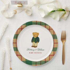 Prato De Papel Christmas Plaid Preppy Bear Baby Shower 