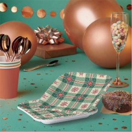 Prato De Papel Christmas Red Snowflakes Green Checks Pattern