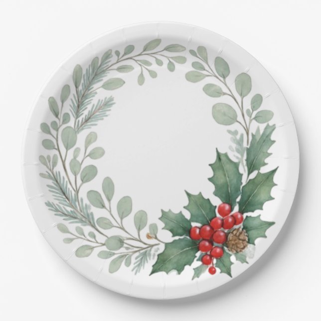 Prato De Papel Christmas red winter berries and greenery (Frente)