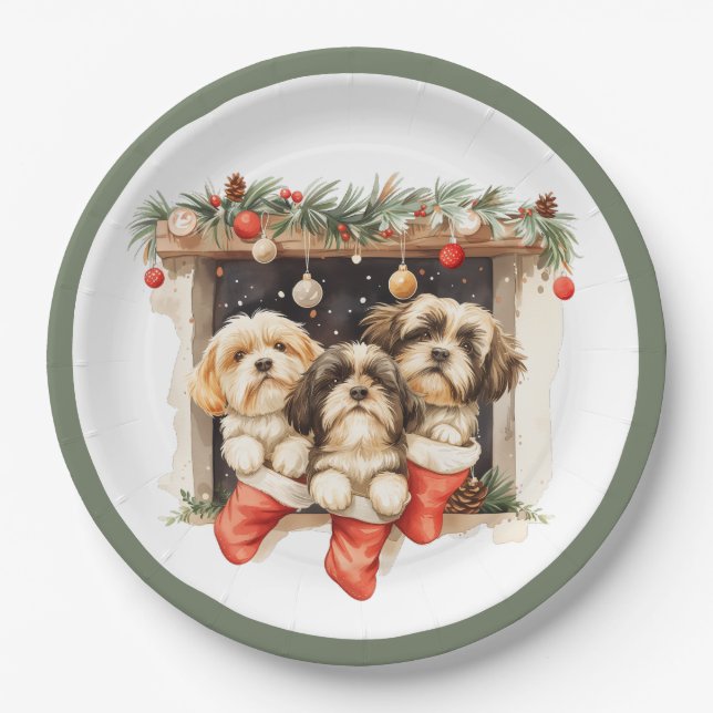 Prato De Papel Christmas Shih Tzu Dogs (Frente)