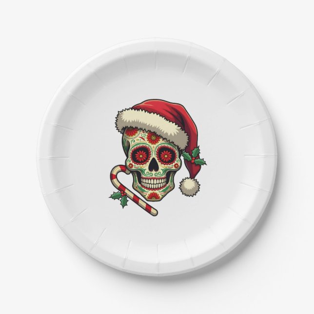 Prato De Papel Christmas Sugar Skull Santa Hat Day Of The Dead Xm (Frente)