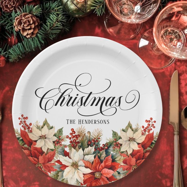 Prato De Papel Christmas Typography Custom Name Poinsettia (Christmas Typography Custom Name Poinsettia Paper Plates)