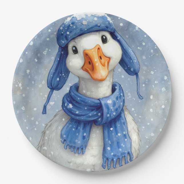 Prato De Papel Christmas White Winter Goose With Blue Scarf (Frente)