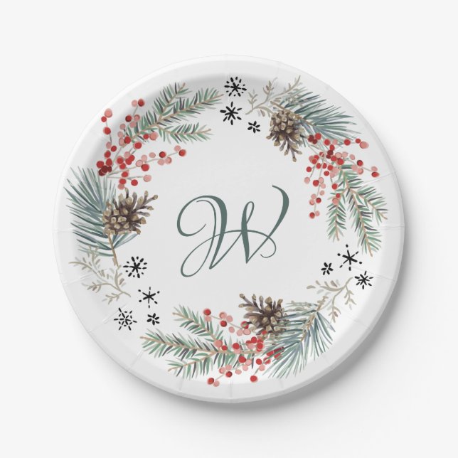 Prato De Papel Christmas Wreath Pine Berry Snowflakes Monogram (Frente)