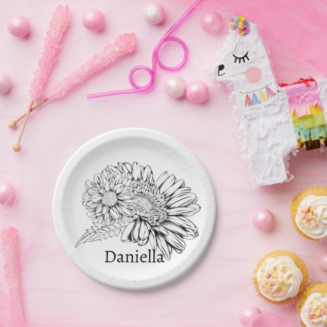Prato De Papel Chrysanthemum Black Line Drawing with Your Name  (Festa)