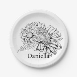 Prato De Papel Chrysanthemum Black Line Drawing with Your Name 