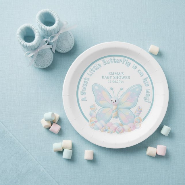 Prato De Papel Chuva de Algodão Doce Azul Menino Chá de Bebê (Blue Cotton Candy Butterfly Boy Baby Shower Paper Plates)