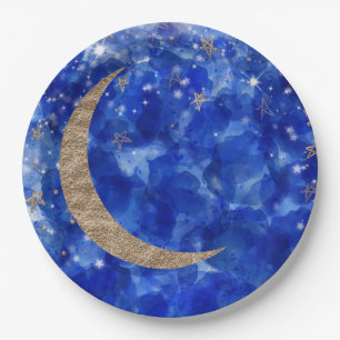 Prato De Papel Chuva de Azul Dourado Bronze Lua Estrelas Baby Sho