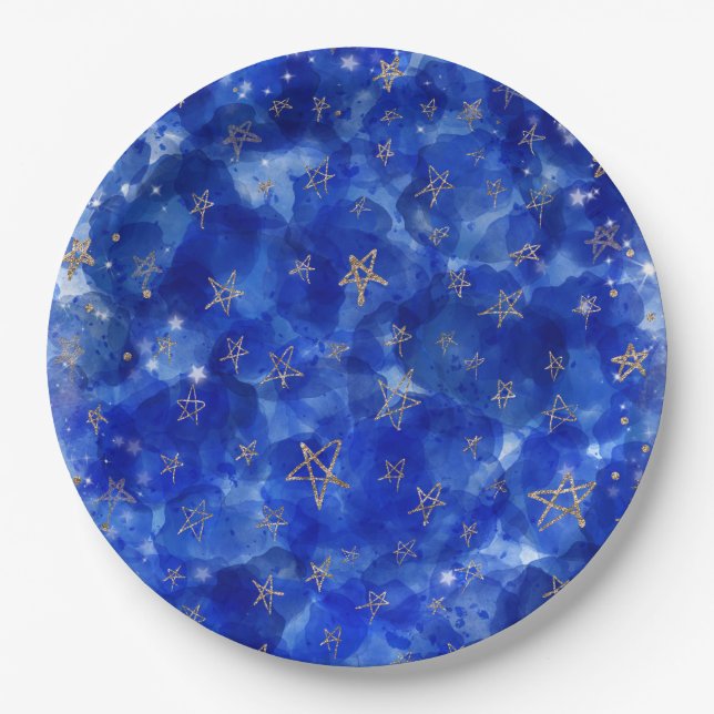 Prato De Papel Chuva de Azul Dourado Bronze Lua Estrelas Baby Sho (Frente)