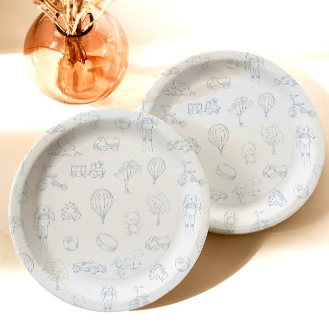 Prato De Papel Chuva de Bebê Azul Toile de Jouy (Criador carregado)