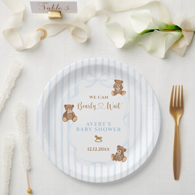 Prato De Papel Chuva de Bebê Blue Bearly Wait Faixa Elegante (Casamento)