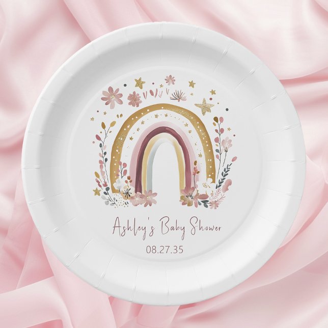 Prato De Papel Chuva de Bebê Boho Floral Arco-Íris (Criador carregado)