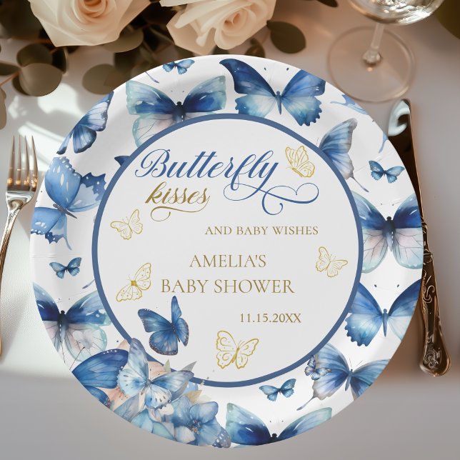 Prato De Papel Chuva de Bebê Borboleta Azul Elegante Dourada (Criador carregado)