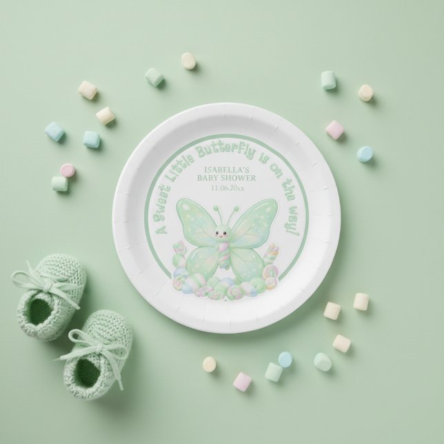Prato De Papel Chuva de Bebê Borboleta Marshmallow Verde Menta (Mint Green Marshmallow Butterfly Baby Shower Paper Plates)