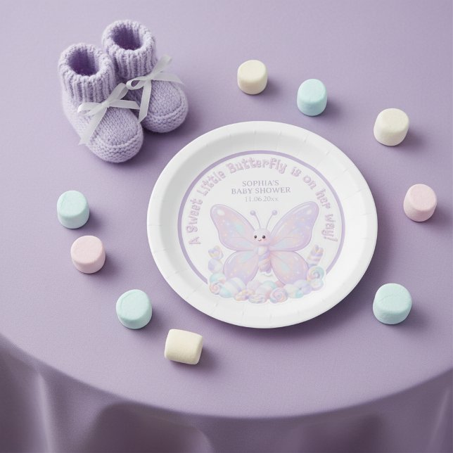 Prato De Papel Chuva de Bebê Borboleta Roxa Lavanda Mágica (Magical Lavender Purple Butterfly Baby Shower Paper Plates)