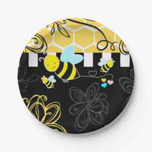Prato De Papel Chuva de Bebê Bumblebee Preto e Amarelo Moderno e 
