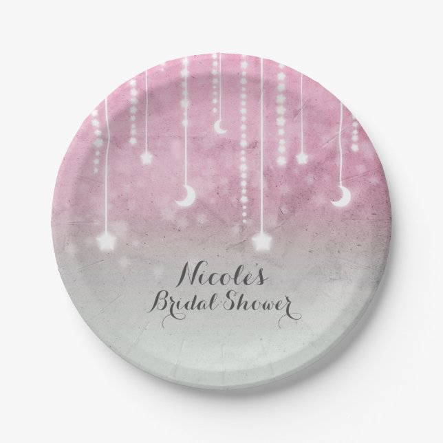 Prato De Papel Chuva de Bebê Celestial Pink Cinza Branco Lua e Es (Frente)