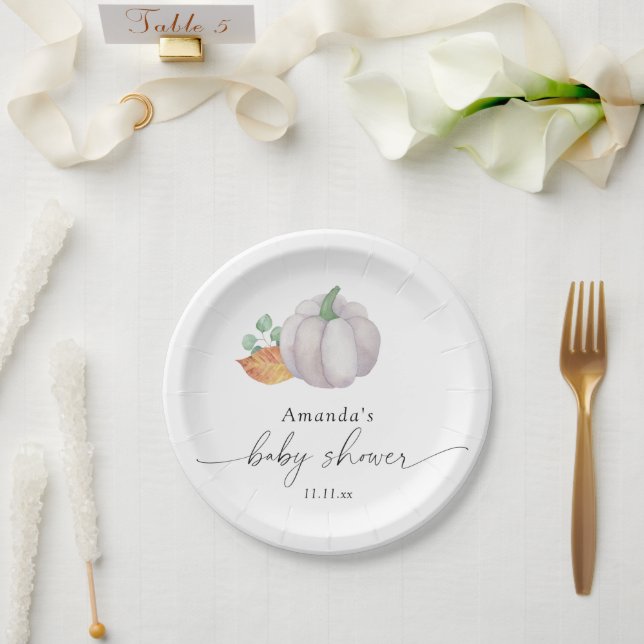Prato De Papel Chuva de bebê de abóbora branca de outono (Casamento)